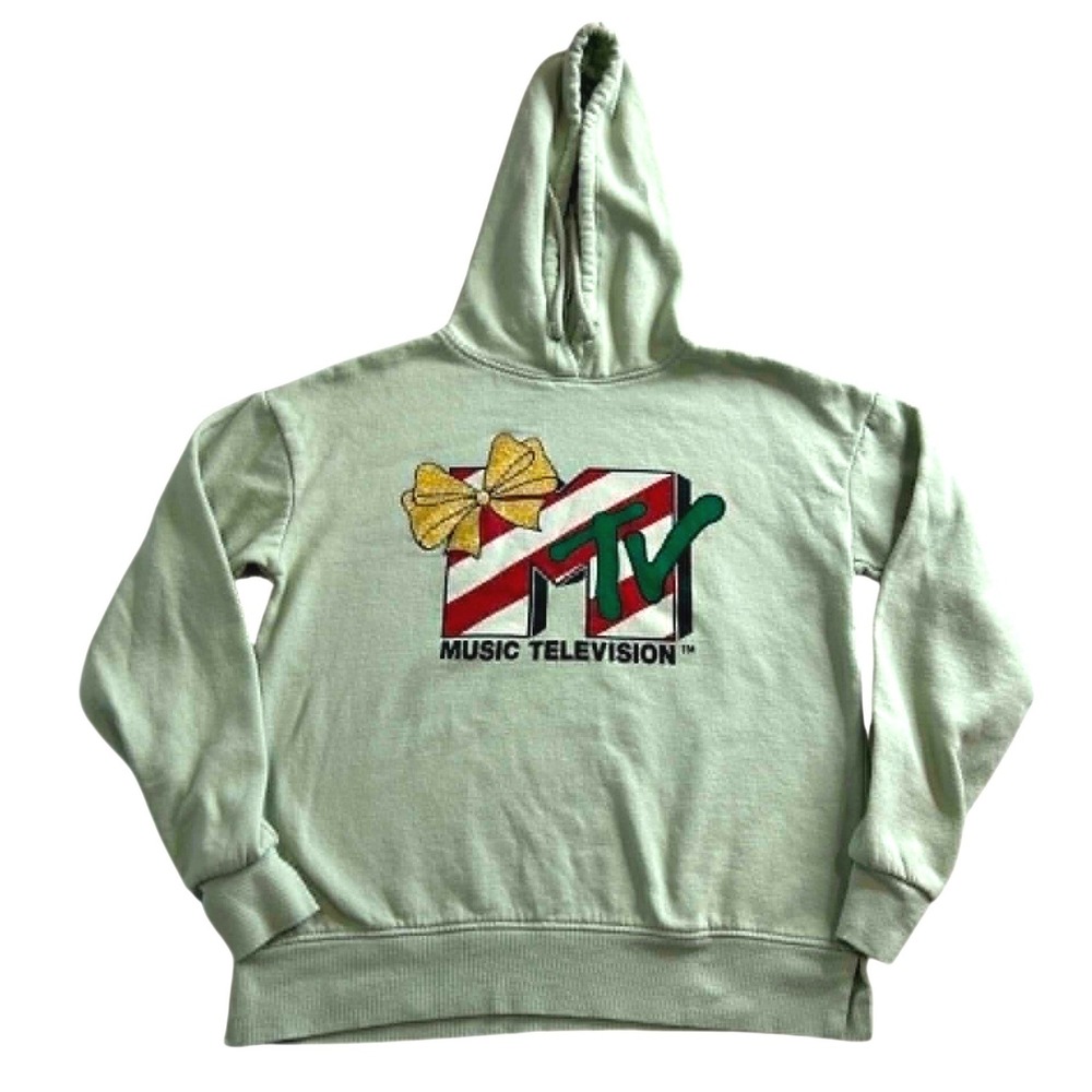 MTV Music Television Holiday Hoodie Mint Green Candy Cane Logo XS